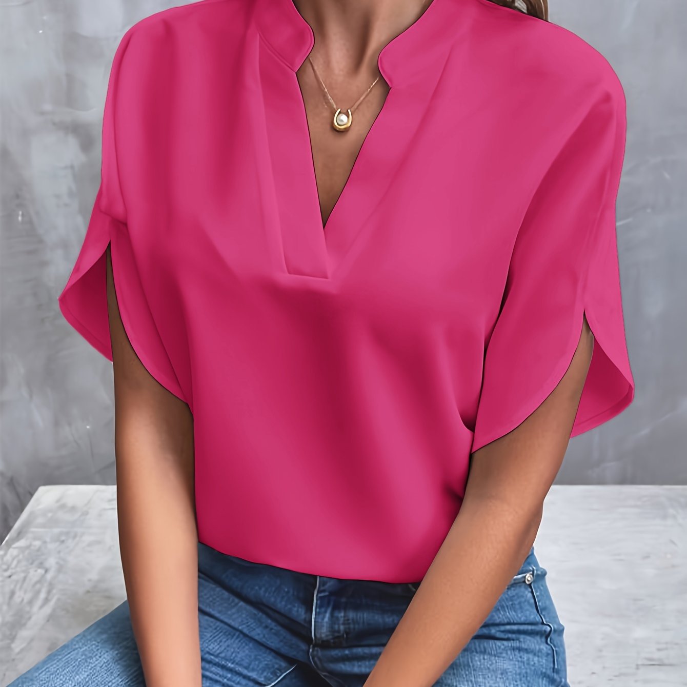 Women's V-Neck Short Sleeve Blouse in Lightweight Fabric