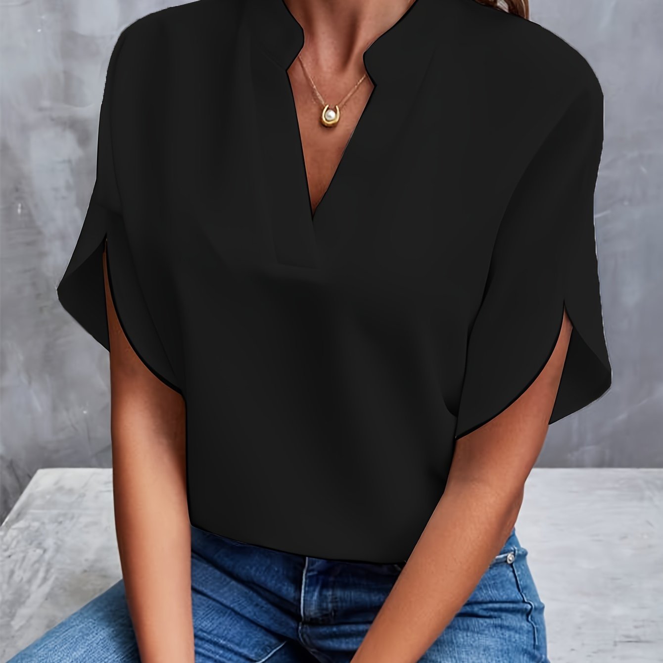 Women's V-Neck Short Sleeve Blouse in Lightweight Fabric