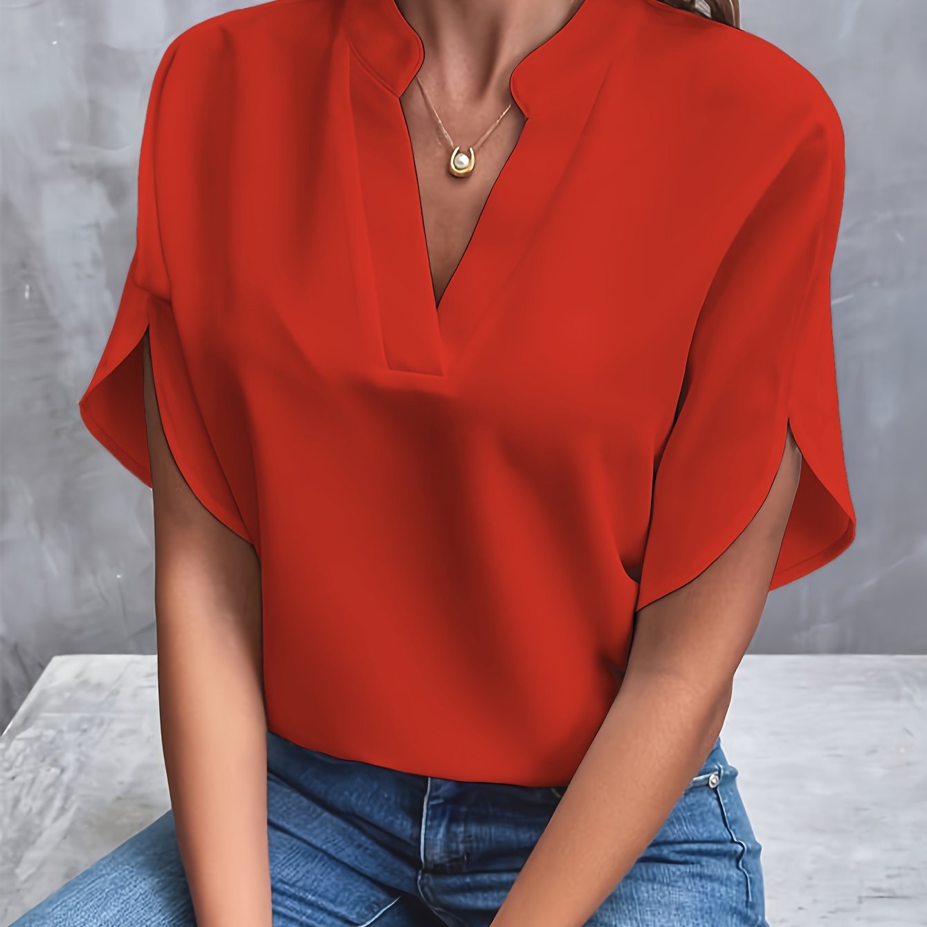 Women's V-Neck Short Sleeve Blouse in Lightweight Fabric