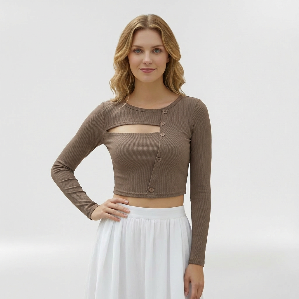 Women's Long Sleeve Crop Top with Chest Cutout Detail